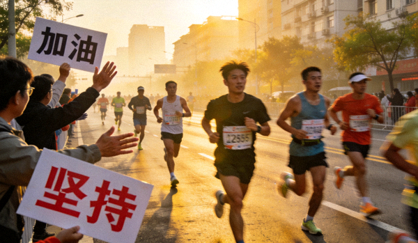 城市马拉松赛道上跑者们在晨曦中奔跑，沿途观众加油助威