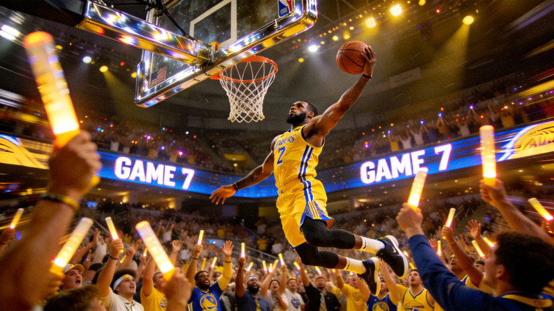 NBA总决赛第七场关键对决，篮球运动员飞身扣篮，球馆气氛热烈
